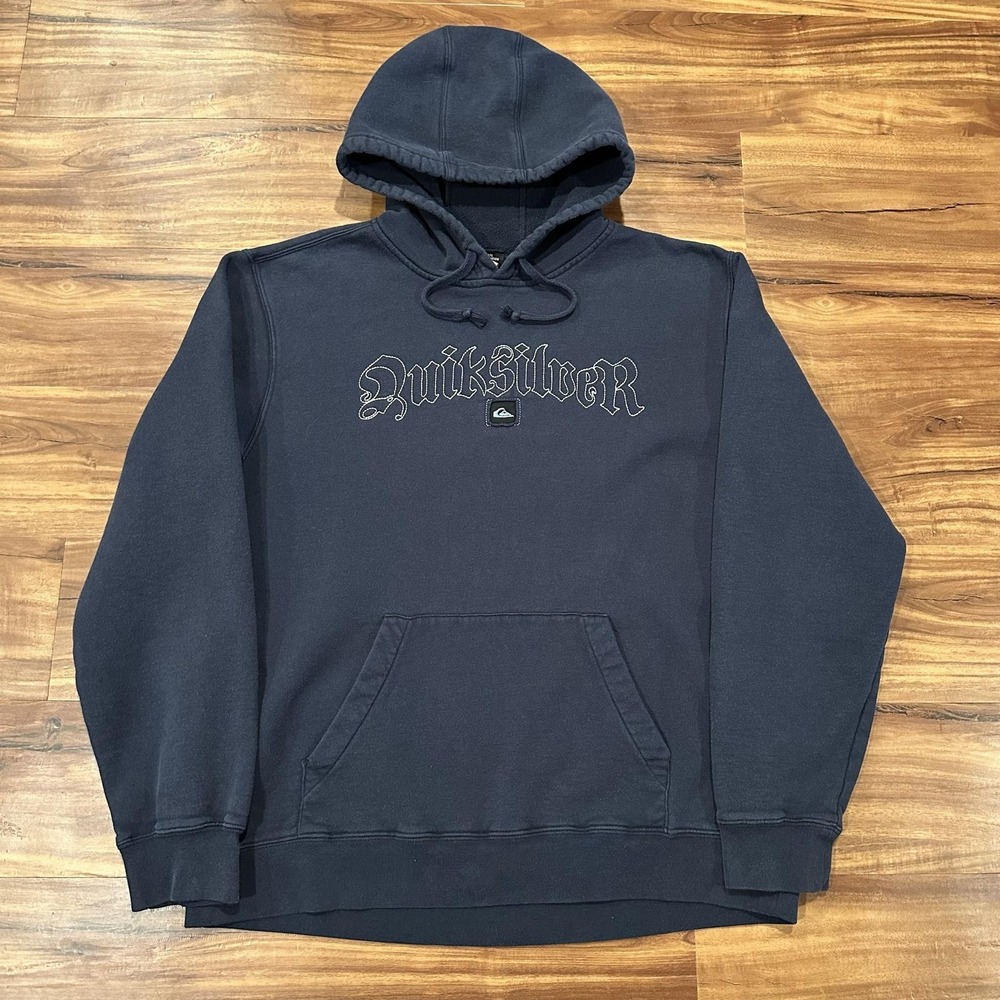 Quiksilver Hoodie Mens Large Blue Fleece Pullover Sweatshirt Logo Graphic